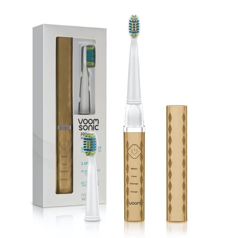 Voom Sonic Pro 3 Rechargeable Electric Toothbrush with Soft Dupont Nylon Bristles Dentist Recommended Portable Oral Care 2Minute Timer 3 Adjustable Speeds Light Weight Design Gold